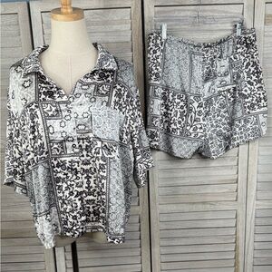 COMO (Sleep) Women's Satin Patchwork Print Two Piece Shortie Pajama Set Blue-XL